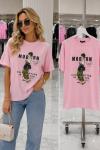 OVERSİZE MODERN KIZLI TİŞÖRT  Pembe