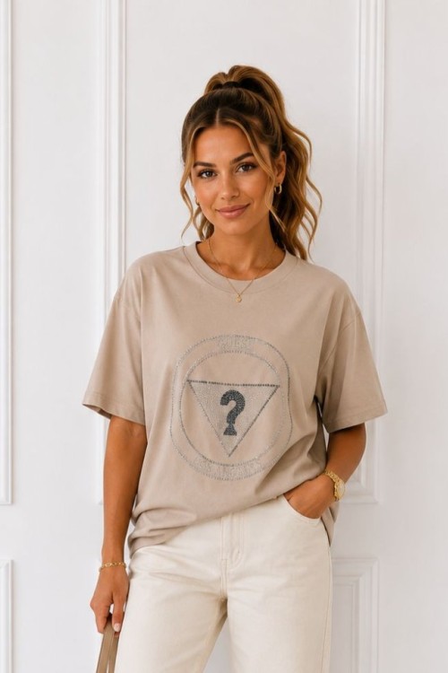 OVERSİZE GUESS LOS ANGELES TAŞLI TİŞÖRT  Bej