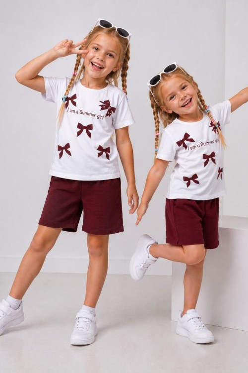 KAMPANYALI SUMMER GİRL FİYONKLU ŞORTLU TAKIM  Bordo