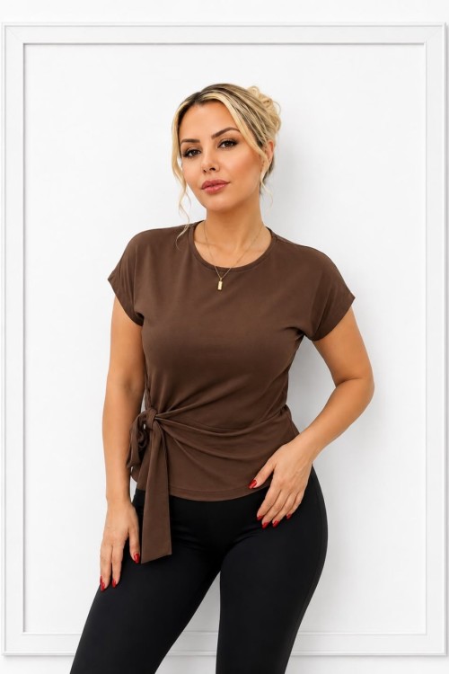 YANDAN BAĞLAMALI DÜZ OYSHO TİŞÖRT  Acı Kahve