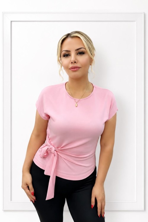 YANDAN BAĞLAMALI DÜZ OYSHO TİŞÖRT  Pembe