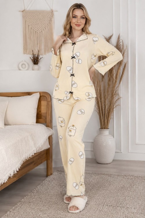 ÖRDEKLİ FİTİLLİ UZUNKOL PİJAMA TAKIMI  Sarı