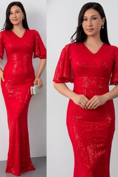 V YAKA PULLU BALIK MODEL ABİYE ELBİSE  Kırmızı