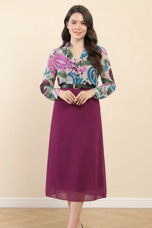 ŞİFON DESENLİ ELBİSE  Mürdüm