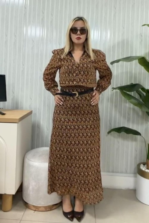 ETNİK DESEN GÖMLEK YAKA ELBİSE Kiremit