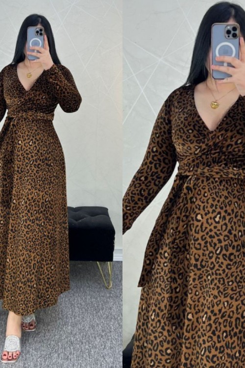 KRUVAZE BELDEN BAĞLAMALI LEOPAR ELBİSE  Leopar
