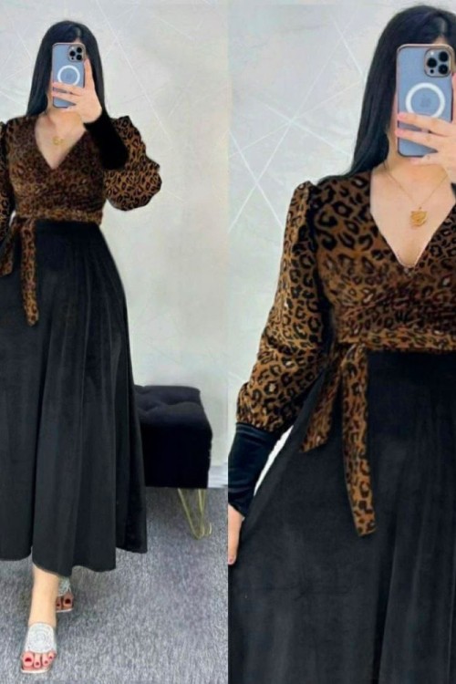 ÜST LEOPAR ALT SİYAH DÖKÜMLÜ ELBİSE  Leopar