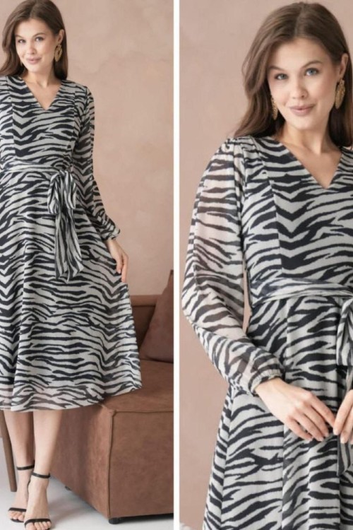 ZEBRA DESENLİ BEL BAĞLAMALI ELBİSE Siyah