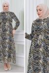 ZEBRA DESENLİ YAKA BAĞCIKLI UZUN ŞİFON ELBİSE Haki