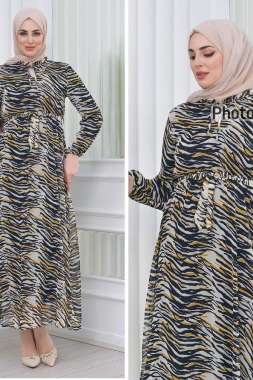 ZEBRA DESENLİ YAKA BAĞCIKLI UZUN ŞİFON ELBİSE Sarı