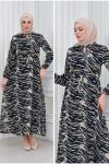 ZEBRA DESENLİ YAKA BAĞCIKLI UZUN ŞİFON ELBİSE Mavi
