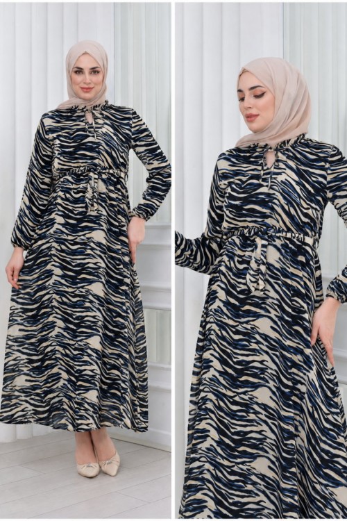ZEBRA DESENLİ YAKA BAĞCIKLI UZUN ŞİFON ELBİSE Mavi