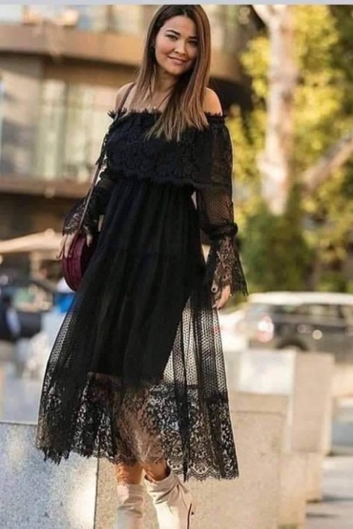 MADONNA YAKA OMUZLARI ACIK DANTEL ELBİSE Siyah