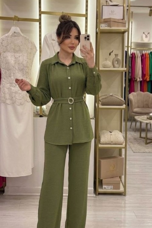 BELİ TOKALI DÜĞMELİ GÖMLEKLİ TUNİK TAKIM Yeşil