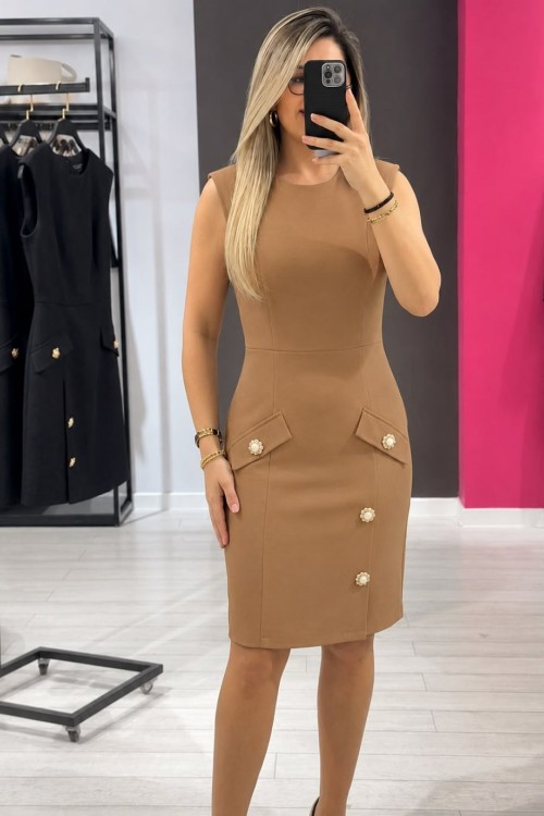 SIFIR KOL YAN CEP DETAYLI KISA ELBİSE  Bej