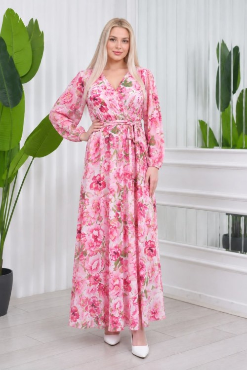 V YAKALI HER YERİ GÜL DESENLİ UZUN ŞİFON ELBİSE  Pembe
