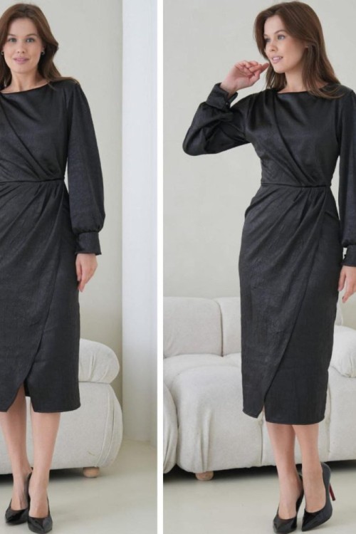 DRAPE YAKA KRUVAZE KESİMLİ ŞIK PARLAK ELBİSE  Siyah
