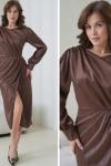 DRAPE YAKA KRUVAZE KESİMLİ ŞIK PARLAK ELBİSE  Kahverengi