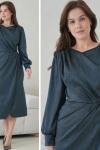 DRAPE YAKA KRUVAZE KESİMLİ ŞIK PARLAK ELBİSE  Yeşil
