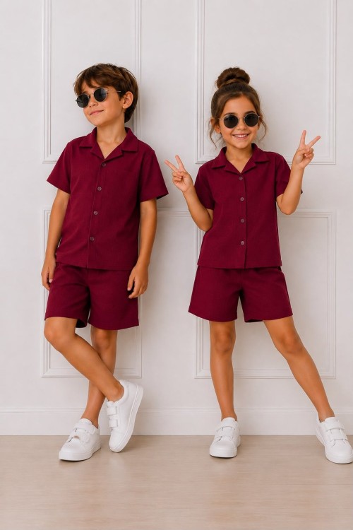 BÜRÜMCÜK SADE DÜZ MODEL ŞORTLU TAKIM Bordo