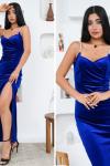 İNCE ASKILI YIRTMAÇLI KADİFE ELBİSE  Saks Mavisi