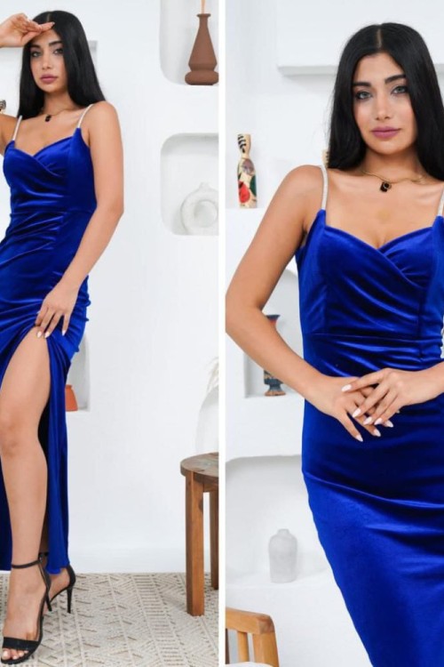 İNCE ASKILI YIRTMAÇLI KADİFE ELBİSE  Saks Mavisi