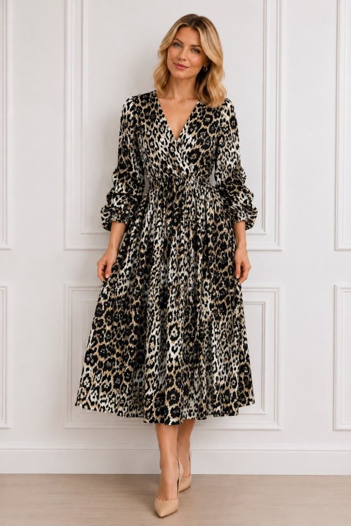 LEOPAR MODEL MİDİ ŞİFON ELBİSE  Leopar