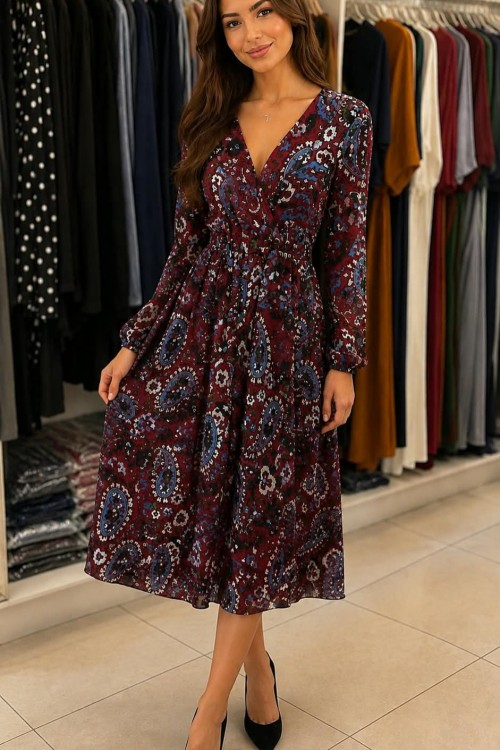 V YAKALI ETNİK DESENLİ UZUN ŞİFON ELBİSE  Bordo