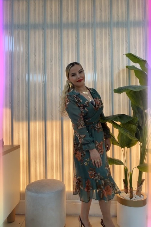 V YAKALI GÖMLEK YAKALI ŞİFON ELBİSE  Yeşil