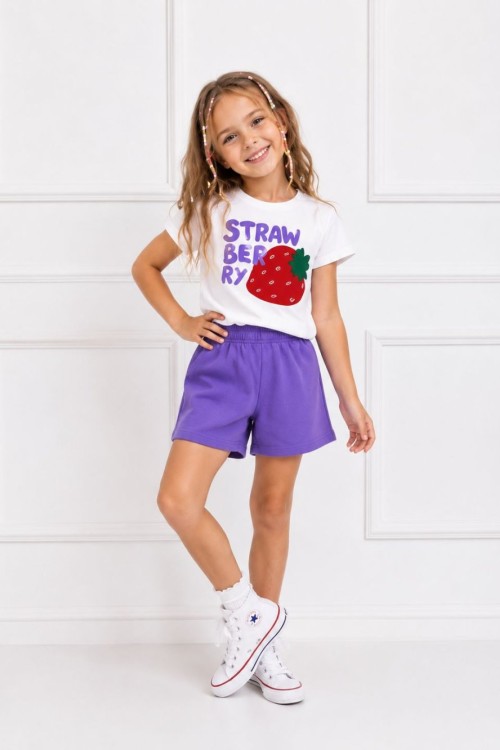 STRAWBERRY ÇİLEKLİ ŞORTLU TAKIM  Mor