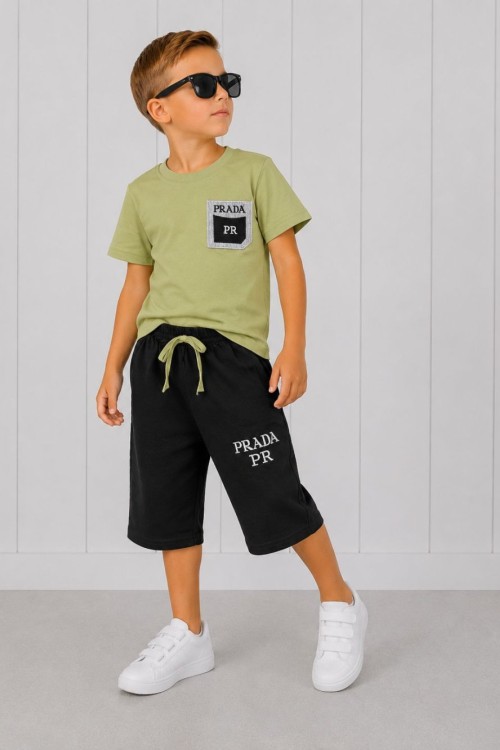 PRADA PR YAZILI ŞORTLU TAKIM  Haki