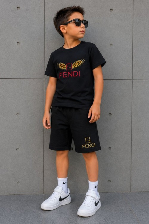 FENDİ YAZILI ŞORTLU TAKIM  Siyah
