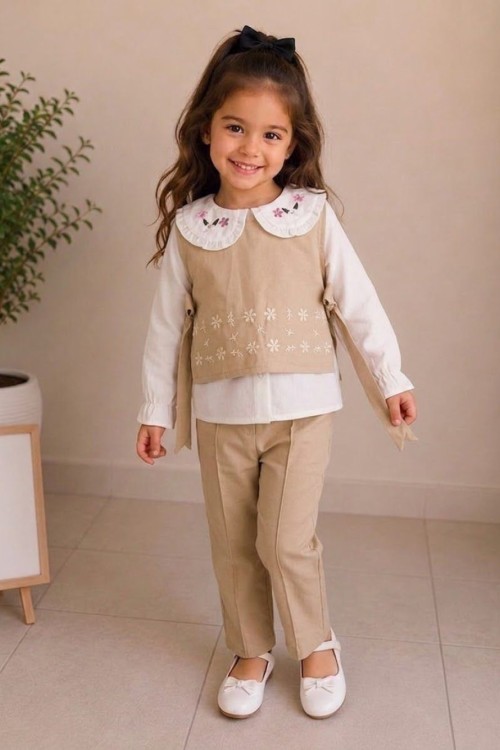 3 LÜ BEBE YAKALI ÇİÇEK NAKIŞLI TAKIM  Bej