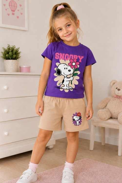 SNOOPY YAZILI ŞORTLU TAKIM  Mor