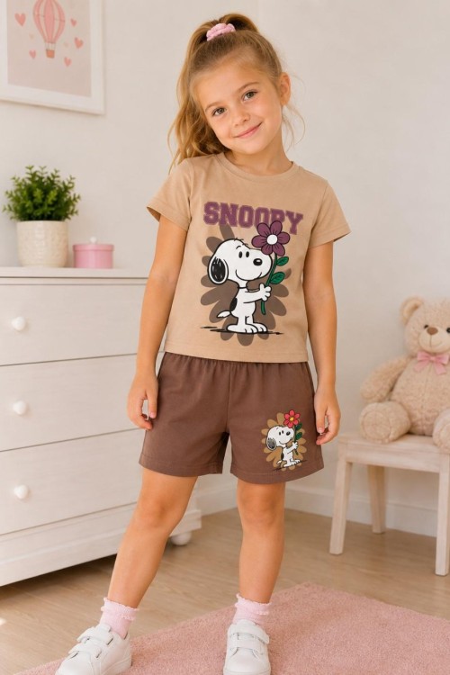 SNOOPY YAZILI ŞORTLU TAKIM  Bej
