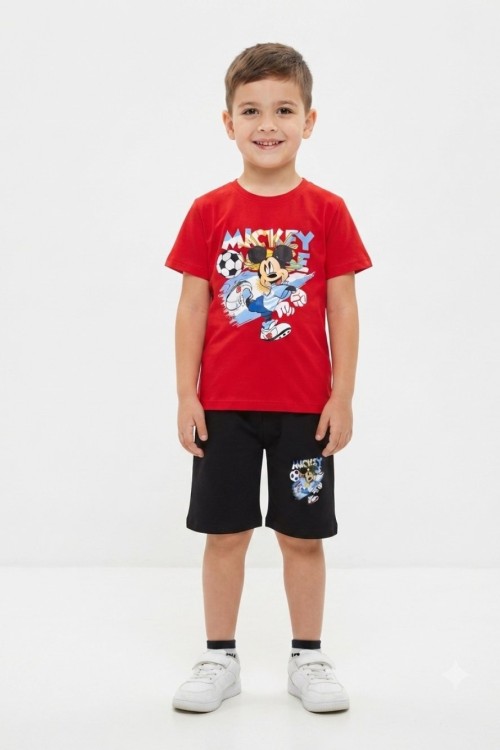 MİCKEY MOUSE DESENLİ ERKEK ŞORTLU TAKIM  Kırmızı