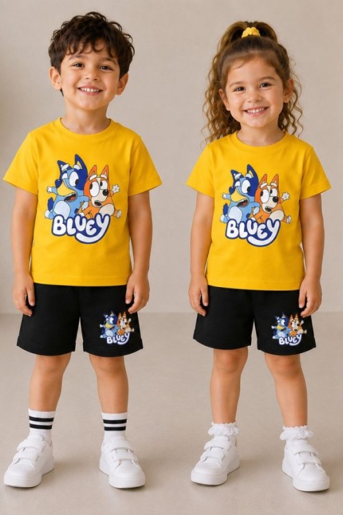 2 Lİ BLUEY YAZILI ŞORTLU ERKEK TAKIM  Sarı