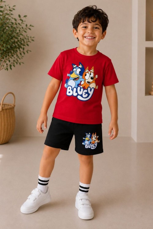 2 Lİ BLUEY YAZILI ŞORTLU ERKEK TAKIM  Kırmızı