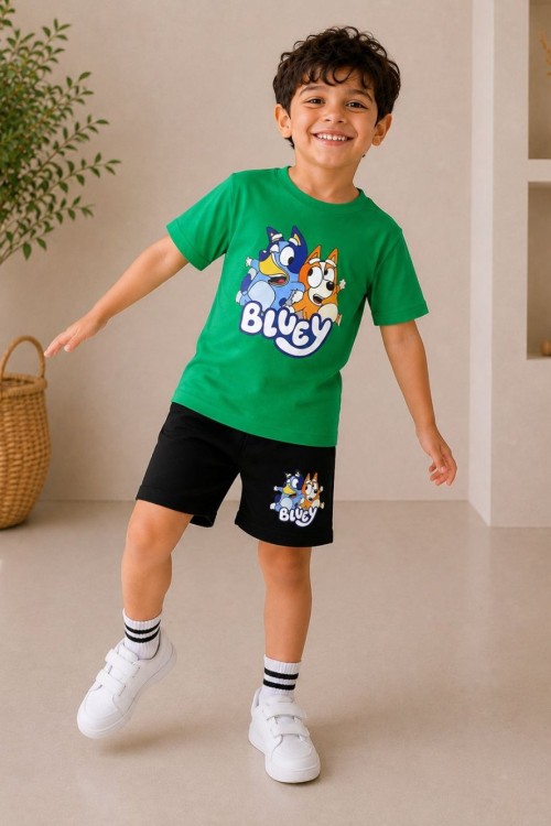 2 Lİ BLUEY YAZILI ŞORTLU ERKEK TAKIM  Yeşil