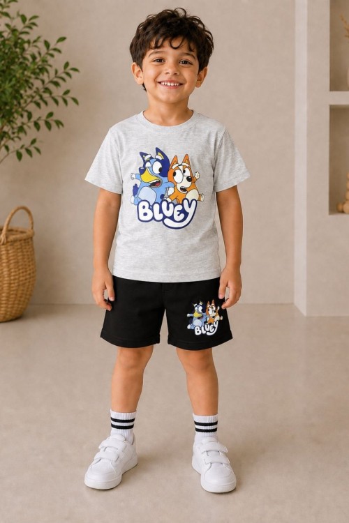 2 Lİ BLUEY YAZILI ŞORTLU ERKEK TAKIM  Açık Gri