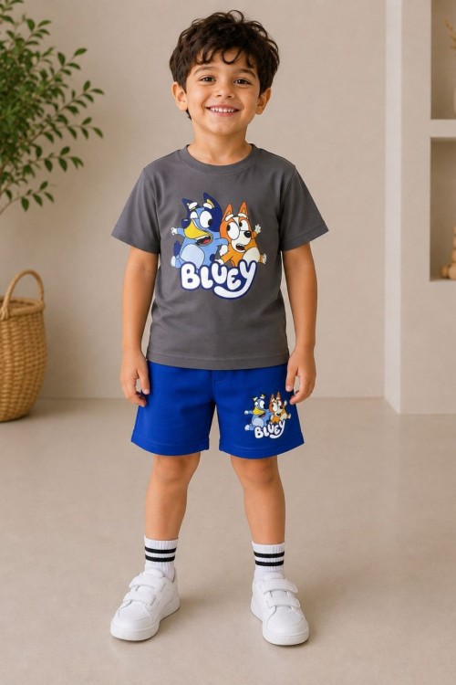2 Lİ BLUEY YAZILI ŞORTLU ERKEK TAKIM  Gri