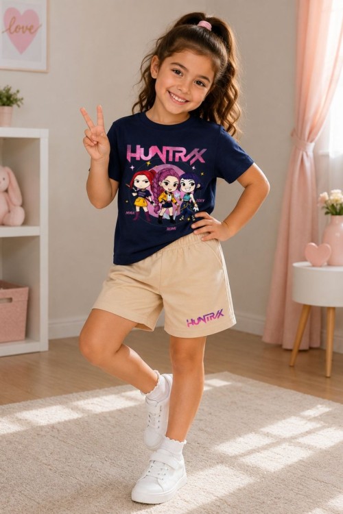 HUNTRAX YAZILI KIZ ŞORTLU TAKIM  Lacivert