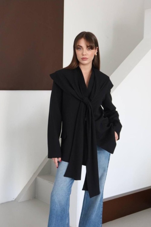 OMUZ BAĞLAMALI DÜĞMELİ BLAZER CEKET Siyah