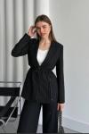 ÇİZGİLİ BELİ İPLİ BLAZER CEKET  Siyah