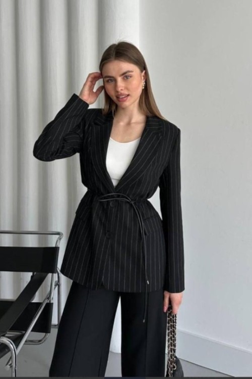 ÇİZGİLİ BELİ İPLİ BLAZER CEKET  Siyah