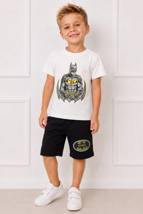 BATMAN DESENLİ ERKEK ŞORTLU TAKIM Beyaz