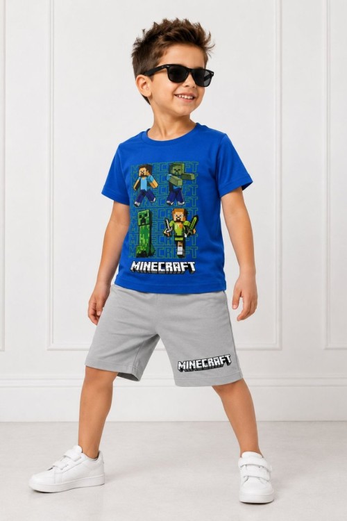 MİNECRAFT YAZILI ŞORTLU TAKIM  Koyu Mavi
