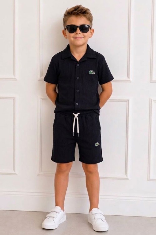 GÖMLEK YAKA LACOSTE ŞORTLU TAKIM  Siyah
