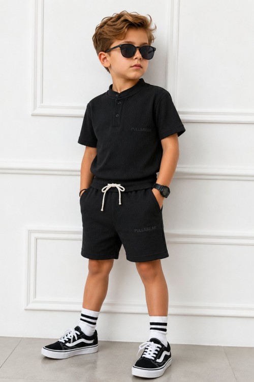 PULL BEAR YAZILI BEBE YAKA ŞORTLU TAKIM  Siyah
