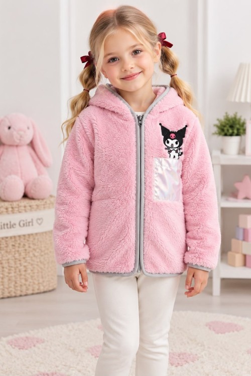 PELUŞ KUMAŞ KAPŞONLU FERMUARLI CEKET  Pembe